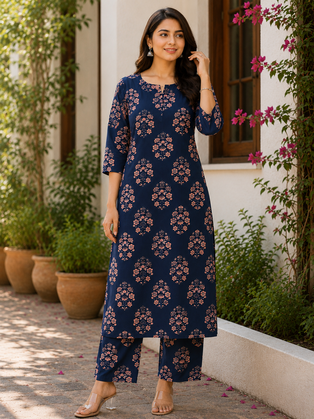 Navy Blue Slub Cotton Floral Kurta Pant