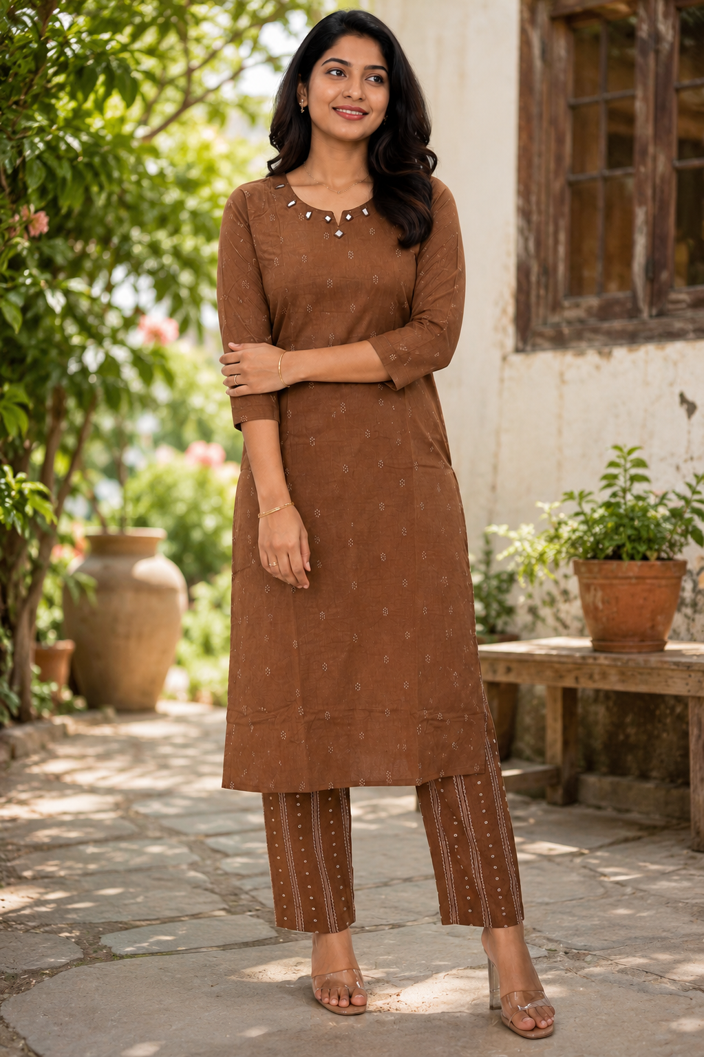 Cocoa Brown Handloom Kurta Pant Plus Size