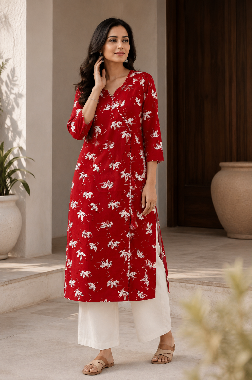 Rust Red Floral Printed Cotton Kurta