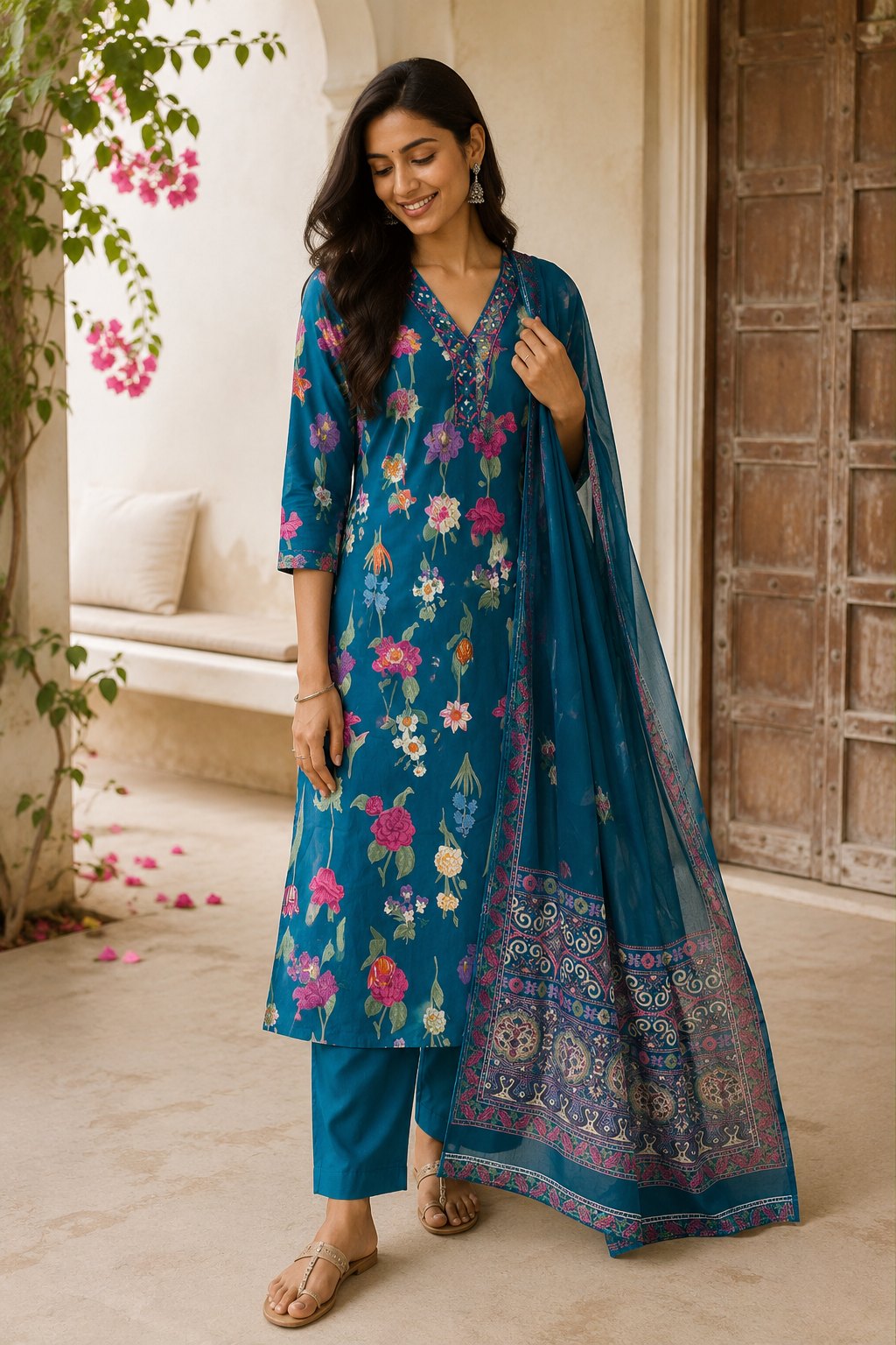 Teal Bloom Cotton Salwar