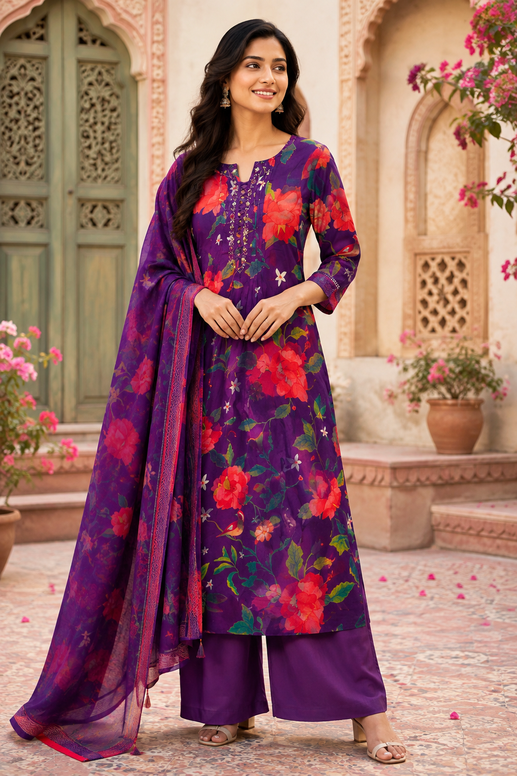 Royal Orchid Floral A-Line Salwar