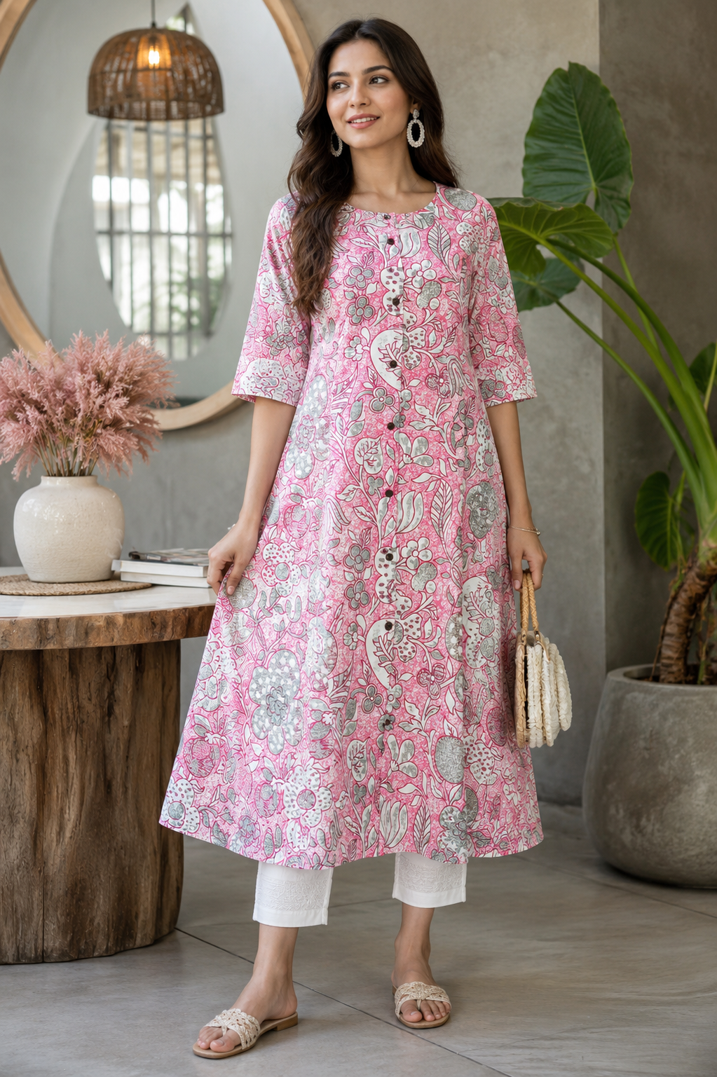 Blush Bloom Cotton A-Line Kurta