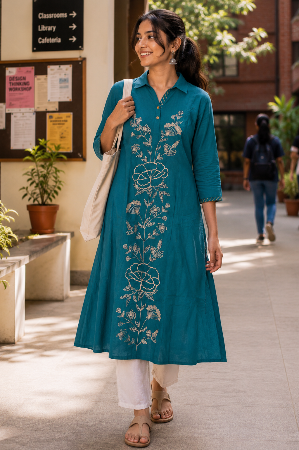 Teal Bloom Cotton Flex A-Line Kurta
