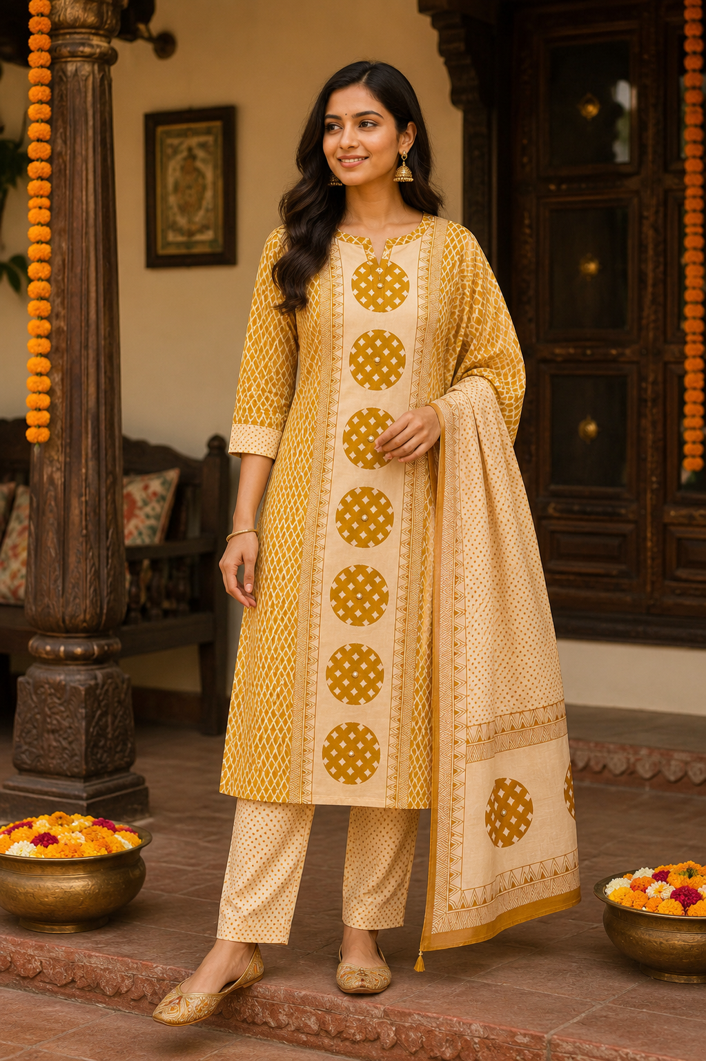 Mustard & Cream Printed Salwar