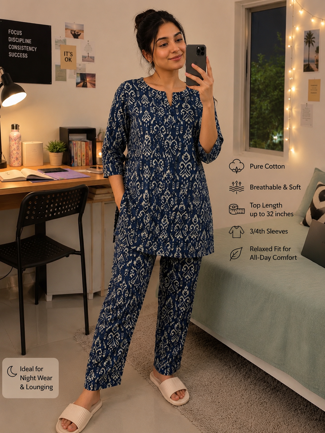 Midnight Indigo Cotton Night Suit