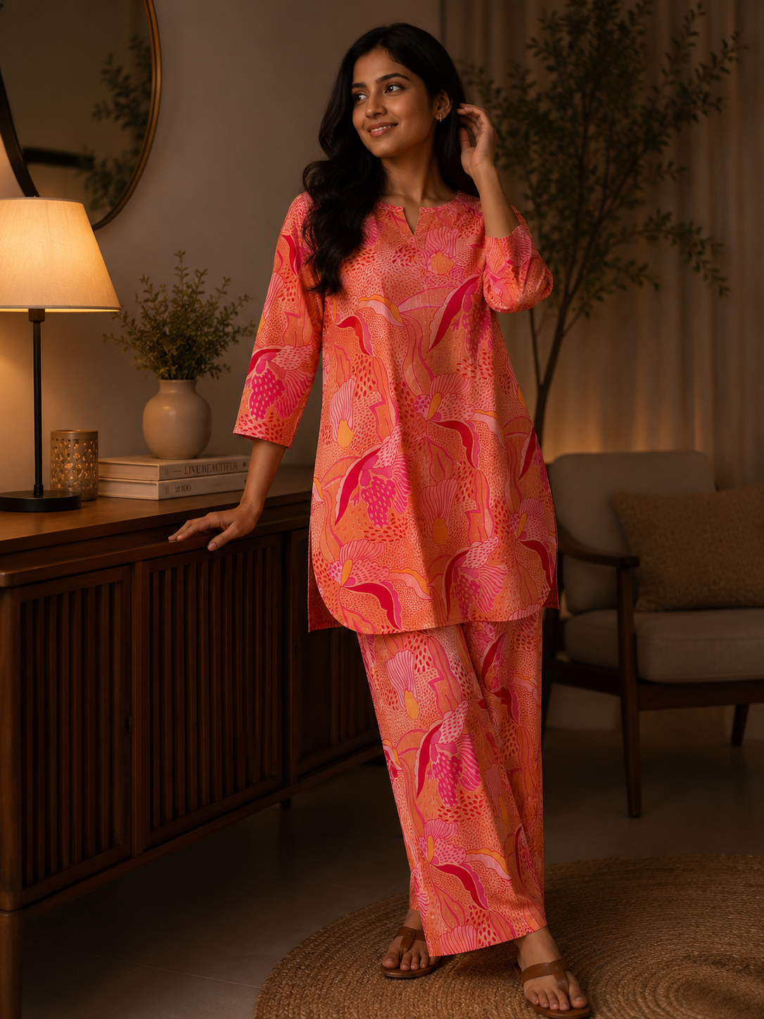 Coral Bloom Cotton Night Suit