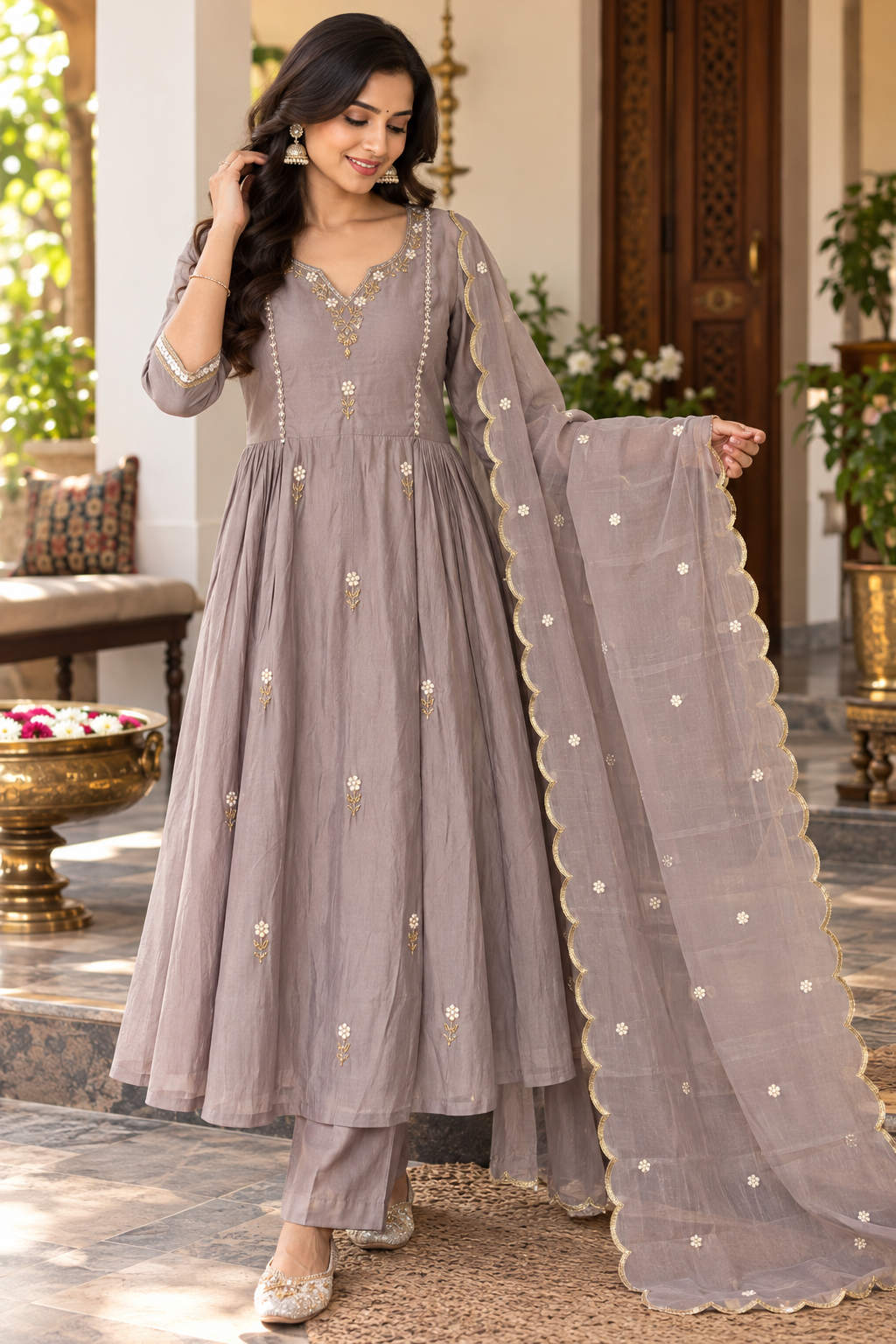 Lavender Grey Mul Chanderi Anarkali Salwar