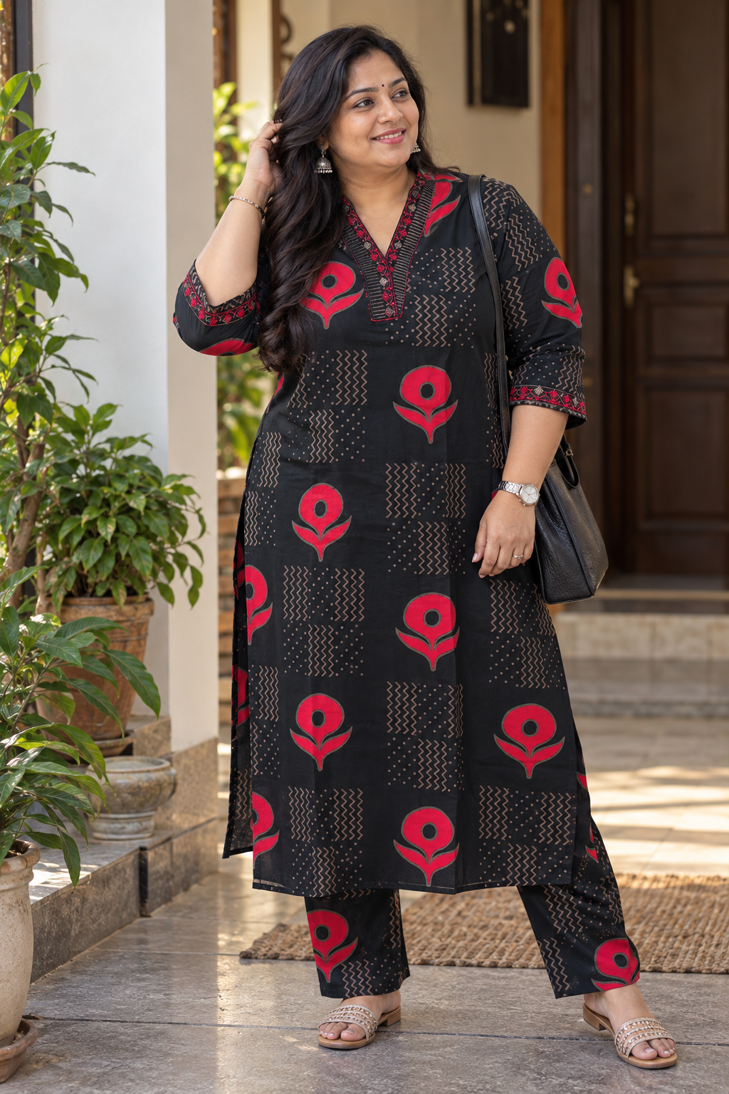 Midnight Black & Red Printed Cotton Flex Plus Size Coords