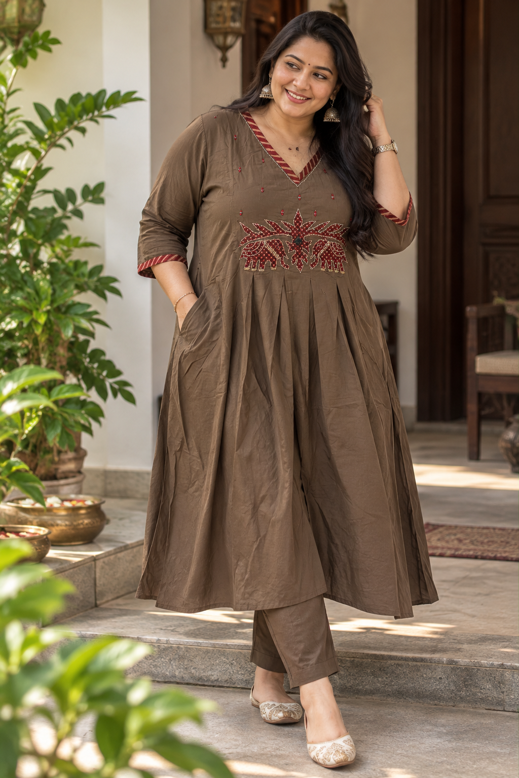 Mocha Brown Embroidered A-Line Plus Size Kurta Set