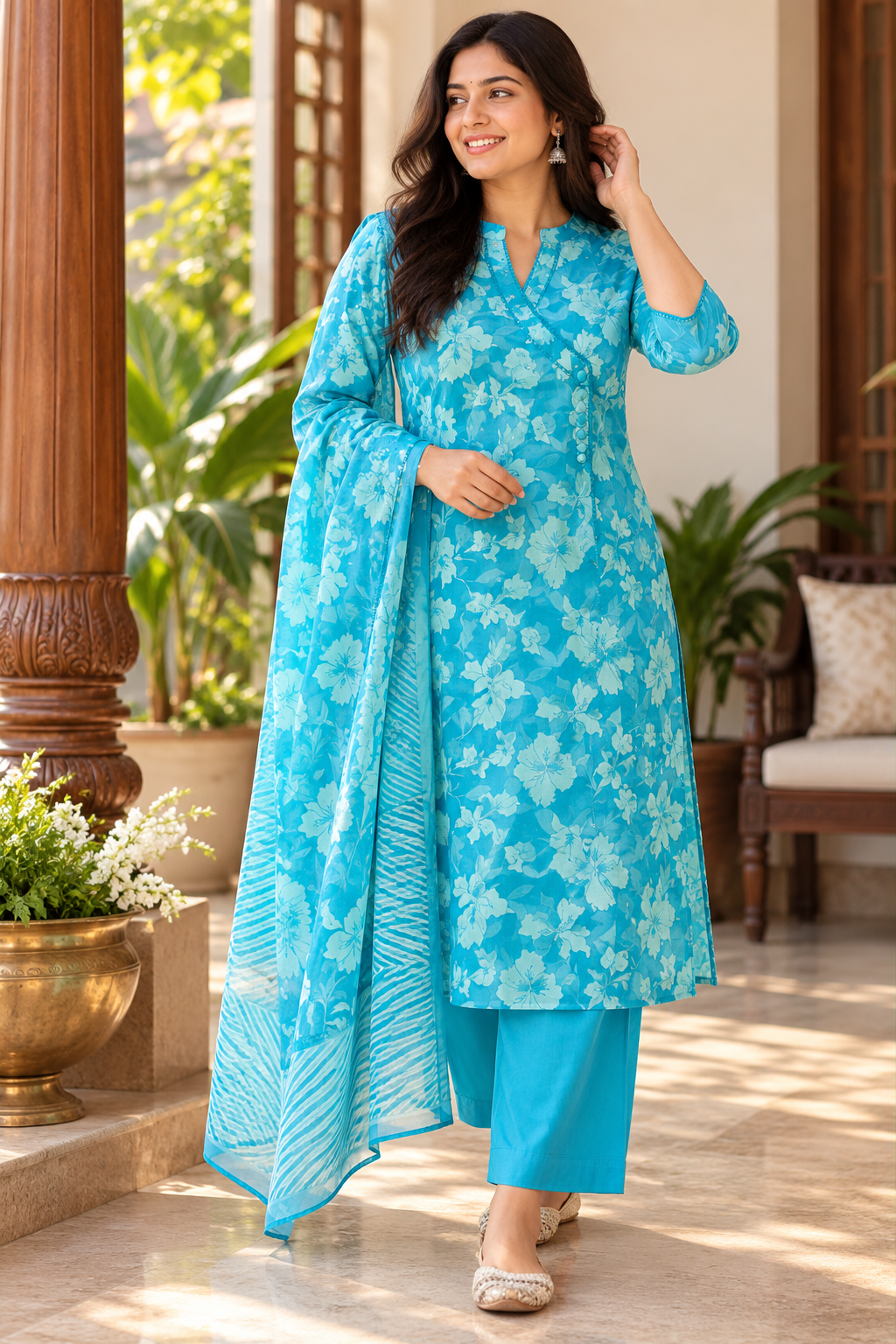 Turquoise Blue Floral Print Angrakha Salwar
