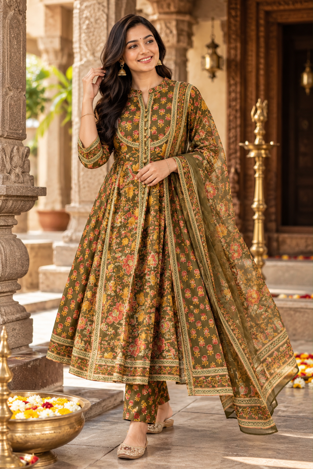 Olive Garden Floral Cotton Anarkali Salwar