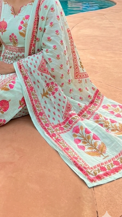 Mint Blossom Luxe – Handblock Cotton Salwar