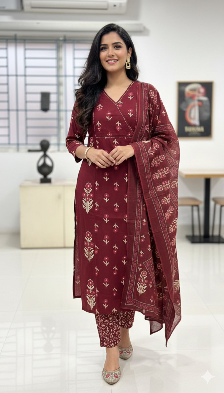 Maroon Hand-Block Print Cotton Salwar