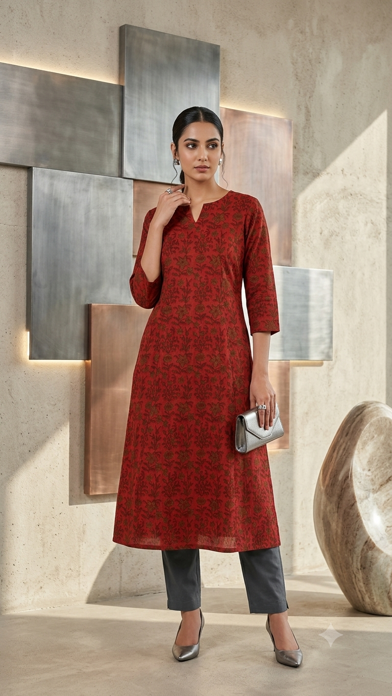 Rustic Brick Red Cotton A-Line Kurta