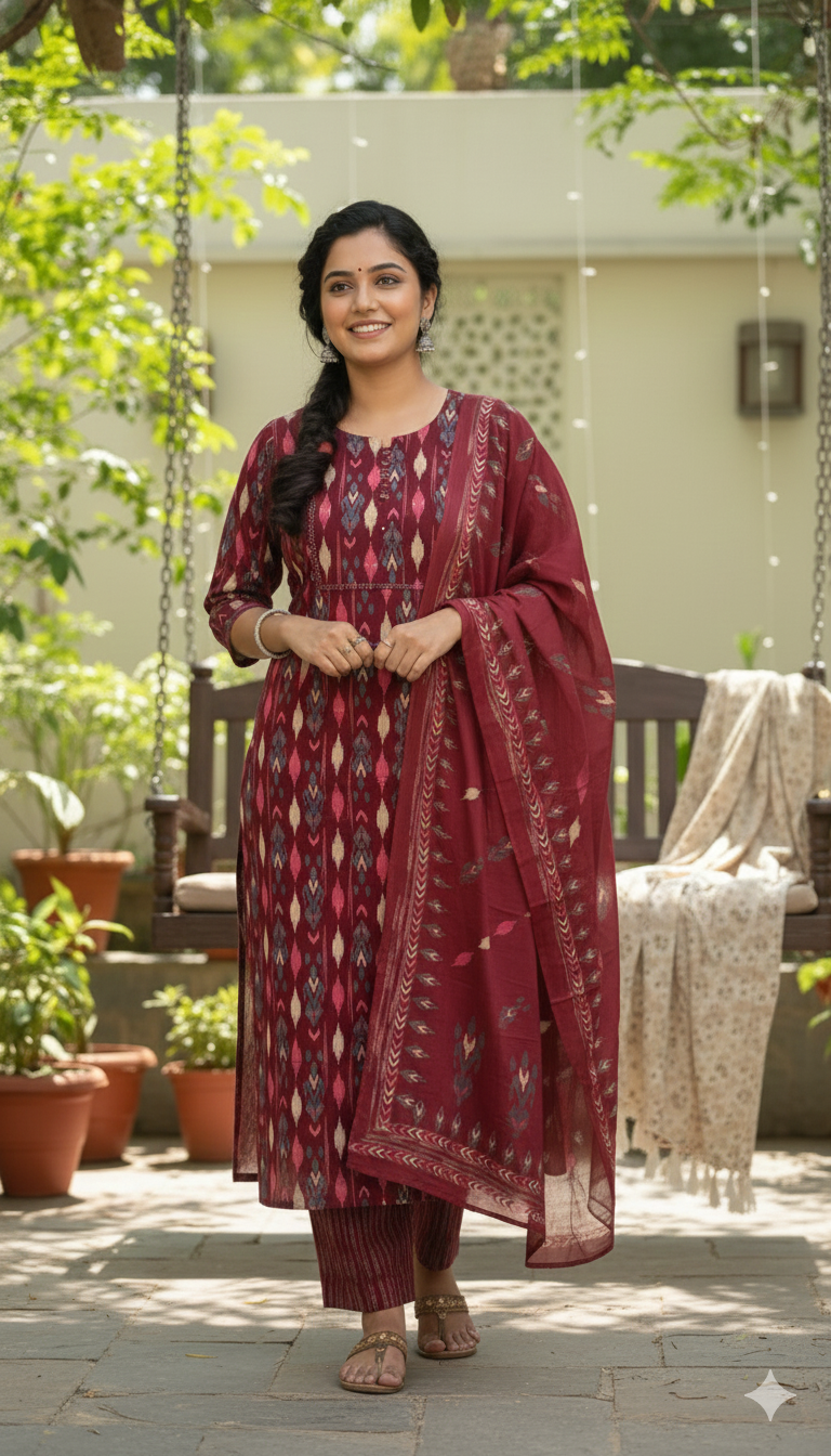 Burgundy & Pink Ikat-Style Salwar