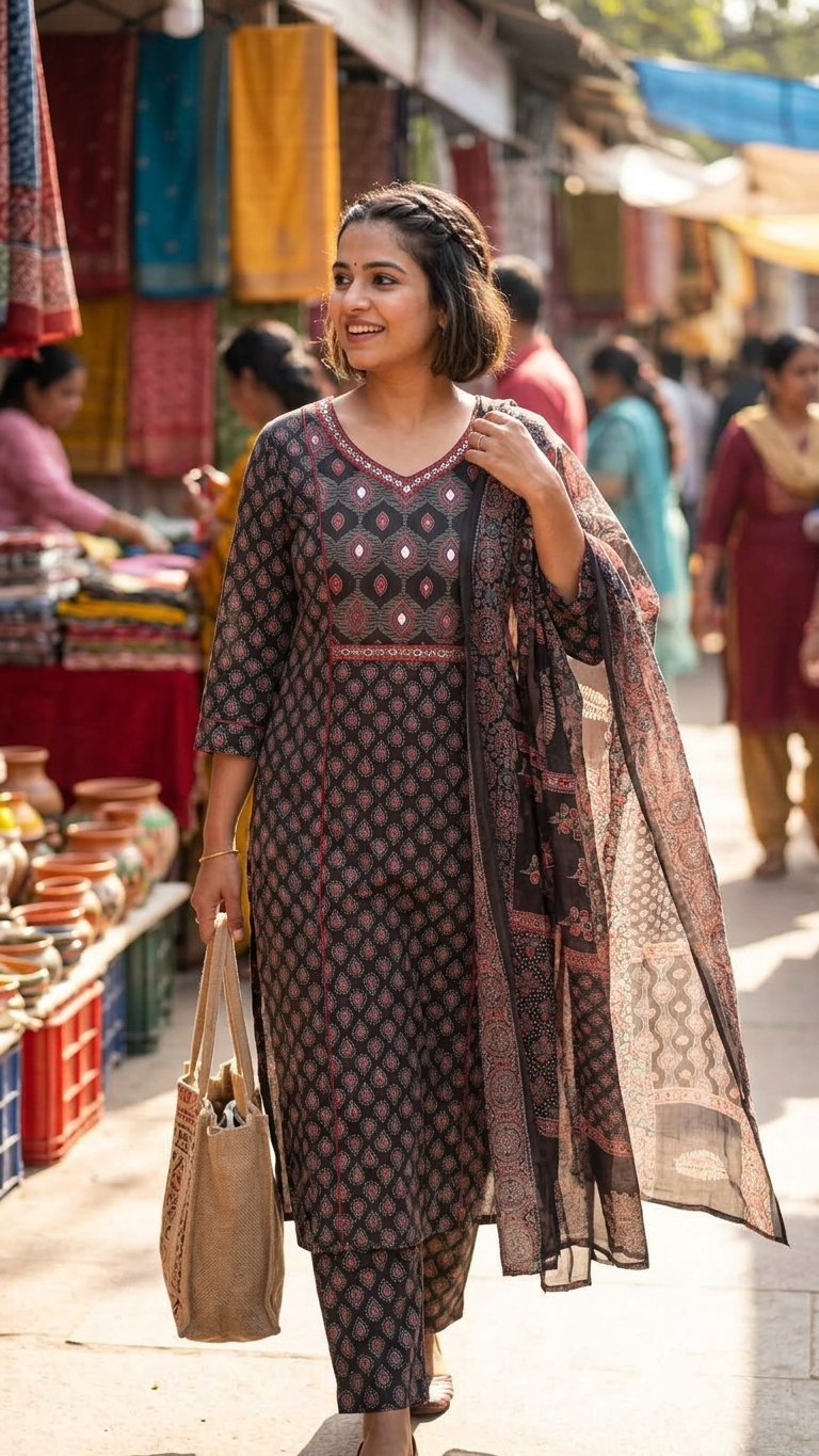 Midnight Black Ajrakh Straight Salwar
