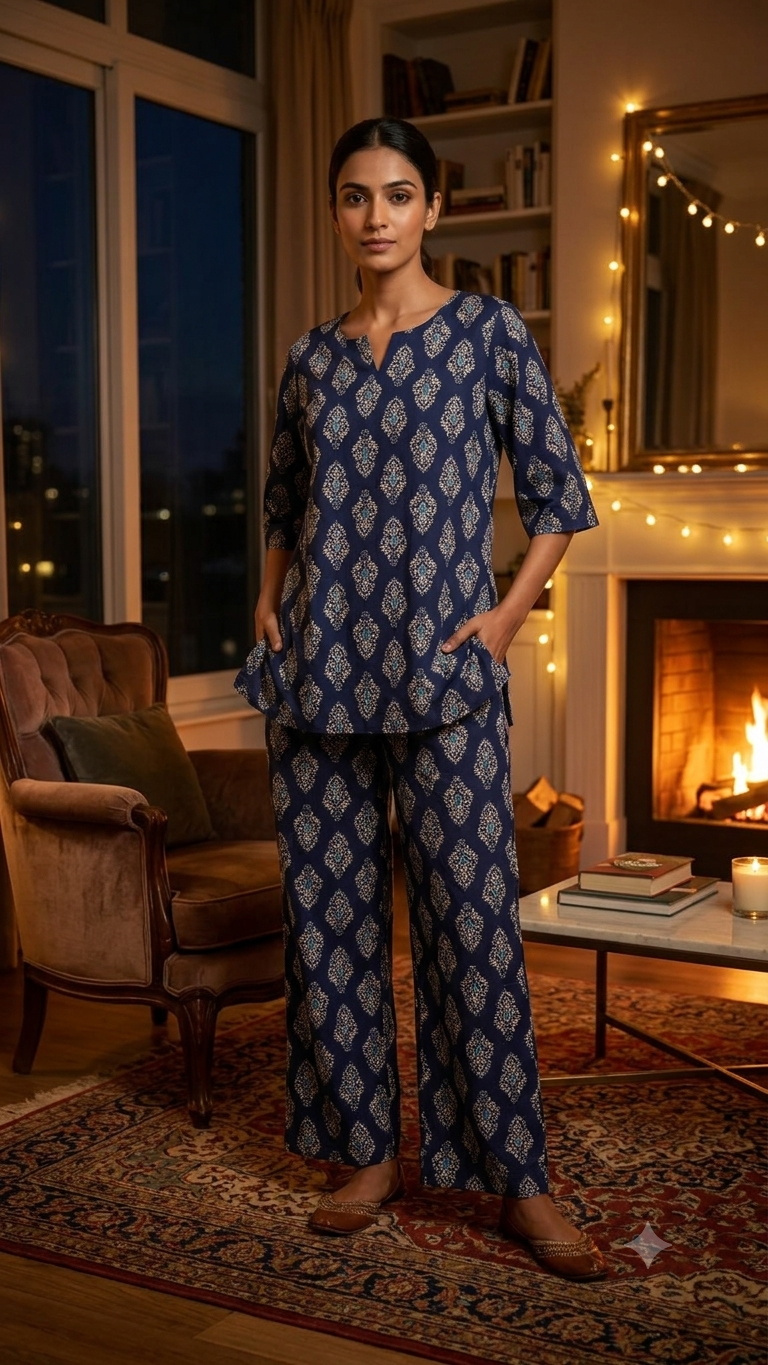 Midnight Blue Motif Cotton Night Suit