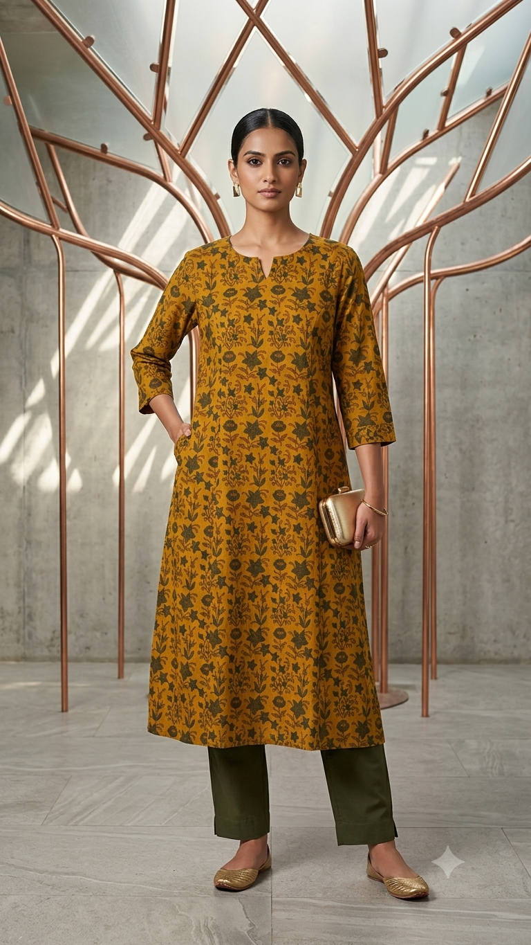 Mustard Meadow Pure Cotton A-Line Kurta