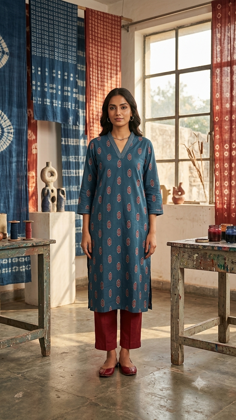 Indigo Ember Printed Cotton Kurta