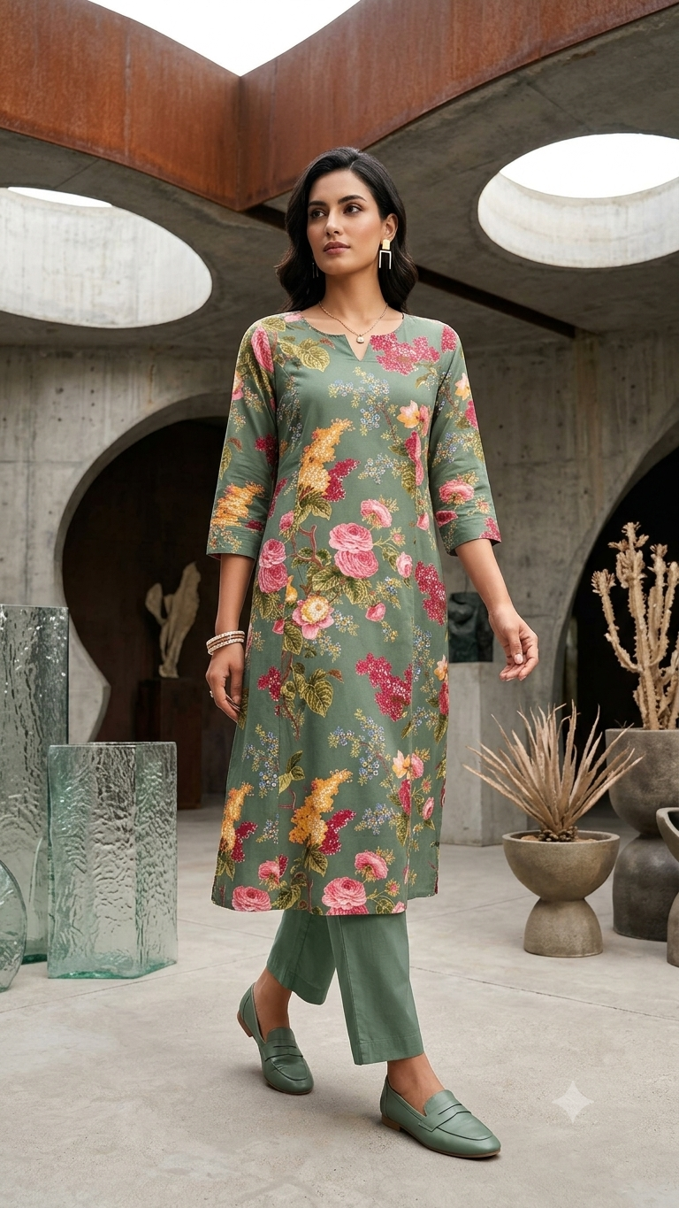 Sage Green Floral Cotton Kurta Pant
