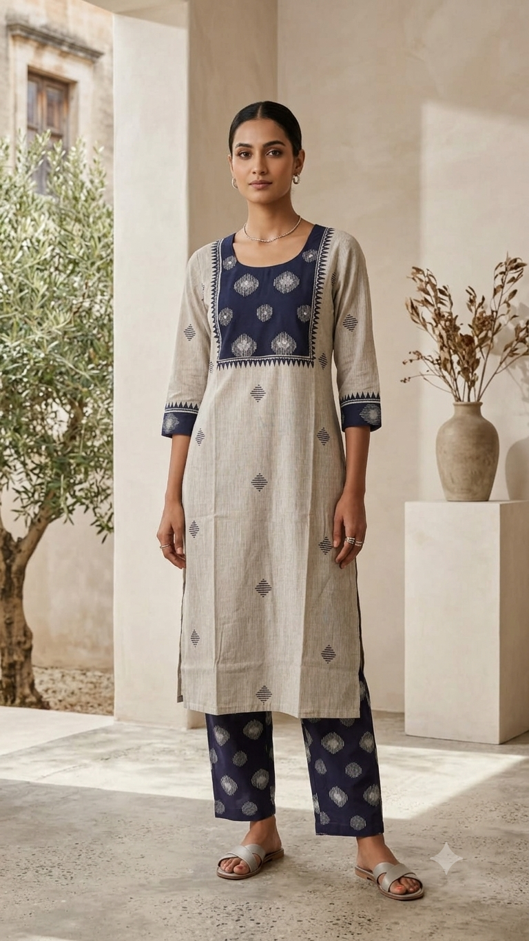 Ivory Indigo Harmony Cotton Kurta Pant
