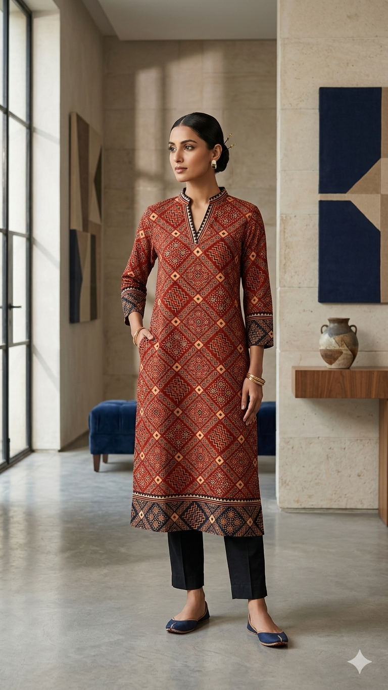 Rust Geometric Handloom Kurta