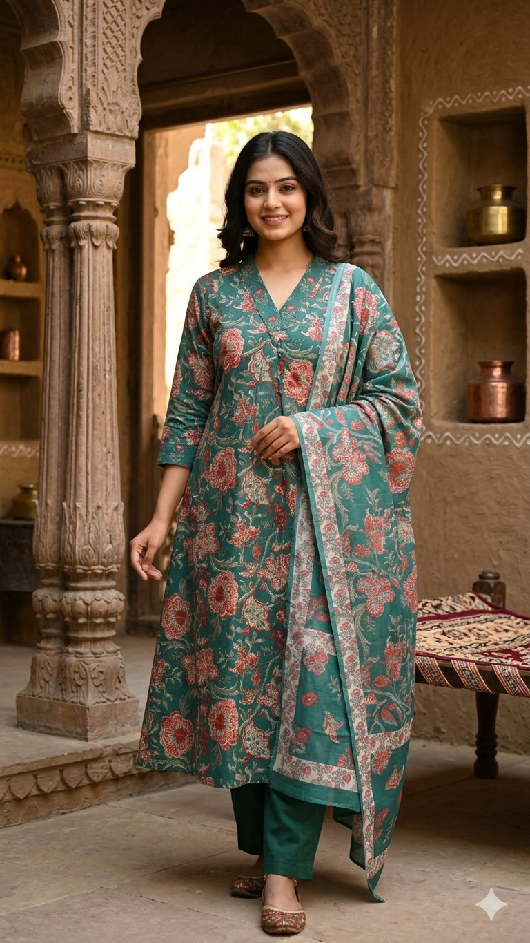 Emerald Floral Cotton A-Line Salwar