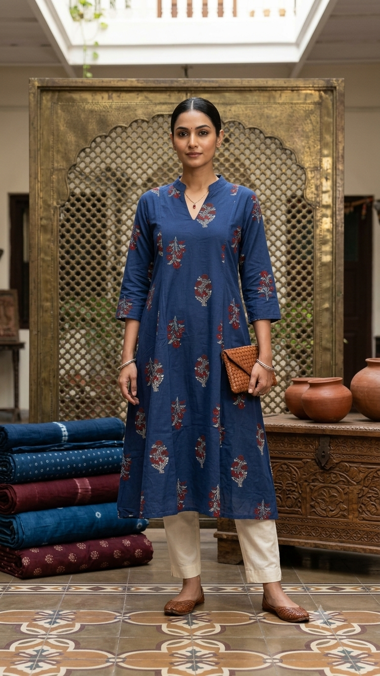 Indigo Bloom Pure Cotton Flare Kurta