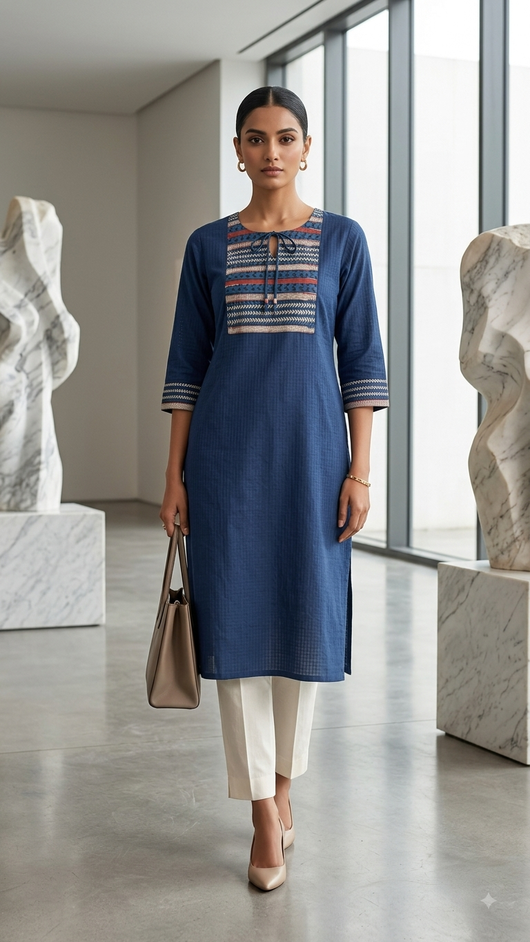 Navy Blue Straight Cotton Kurta