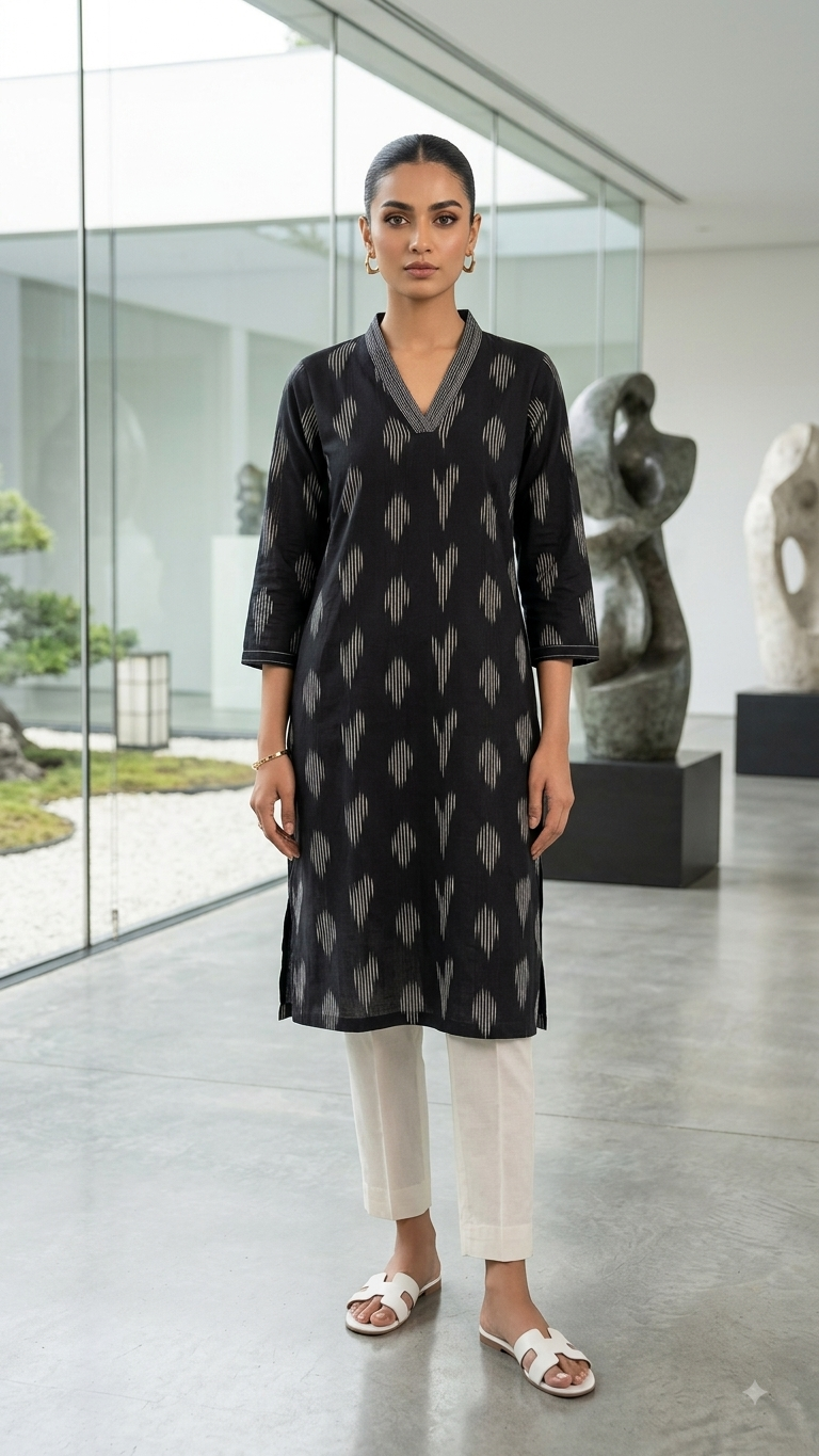 Black Ikat Motif Straight Kurta