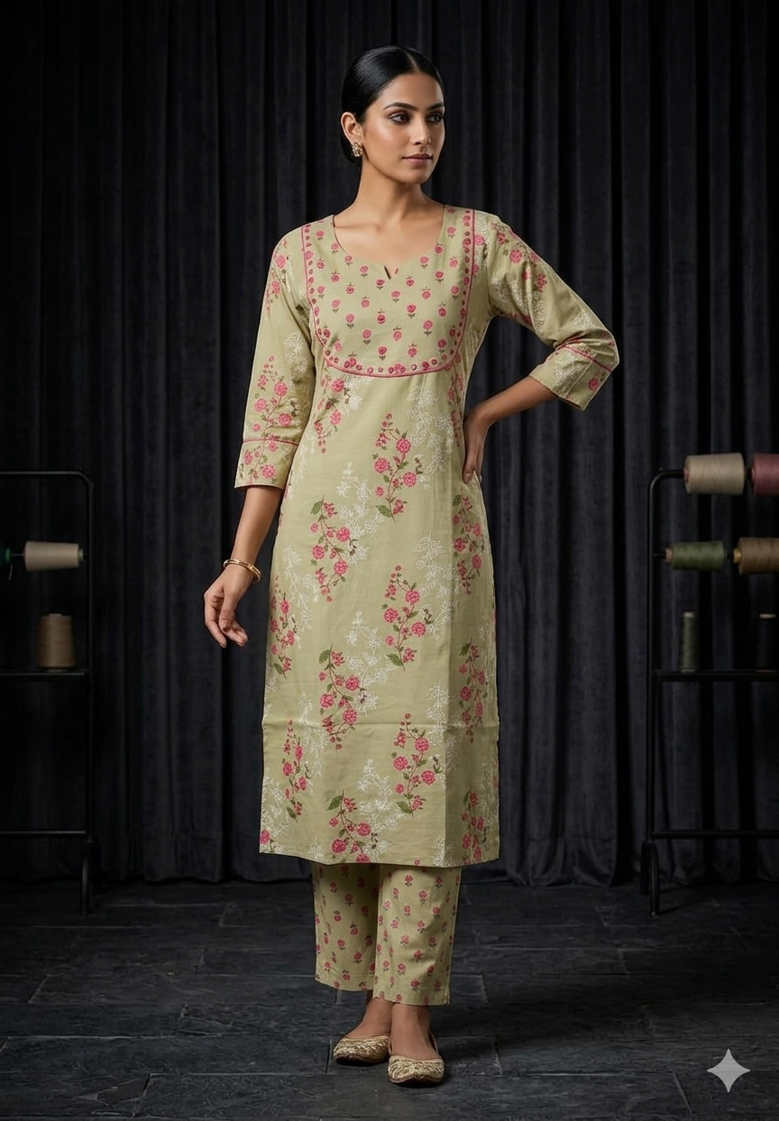Beige Blossom Kurta Pant