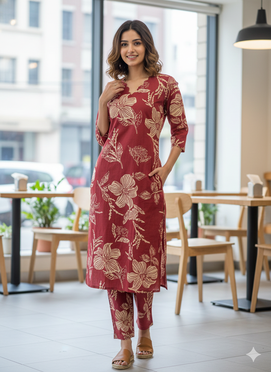 Crimson Flora Scalloped V-Neck Co-ords