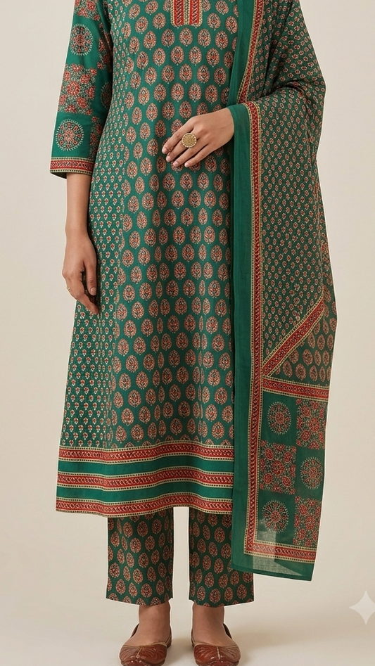 Forest Green Cotton A-Line Salwar