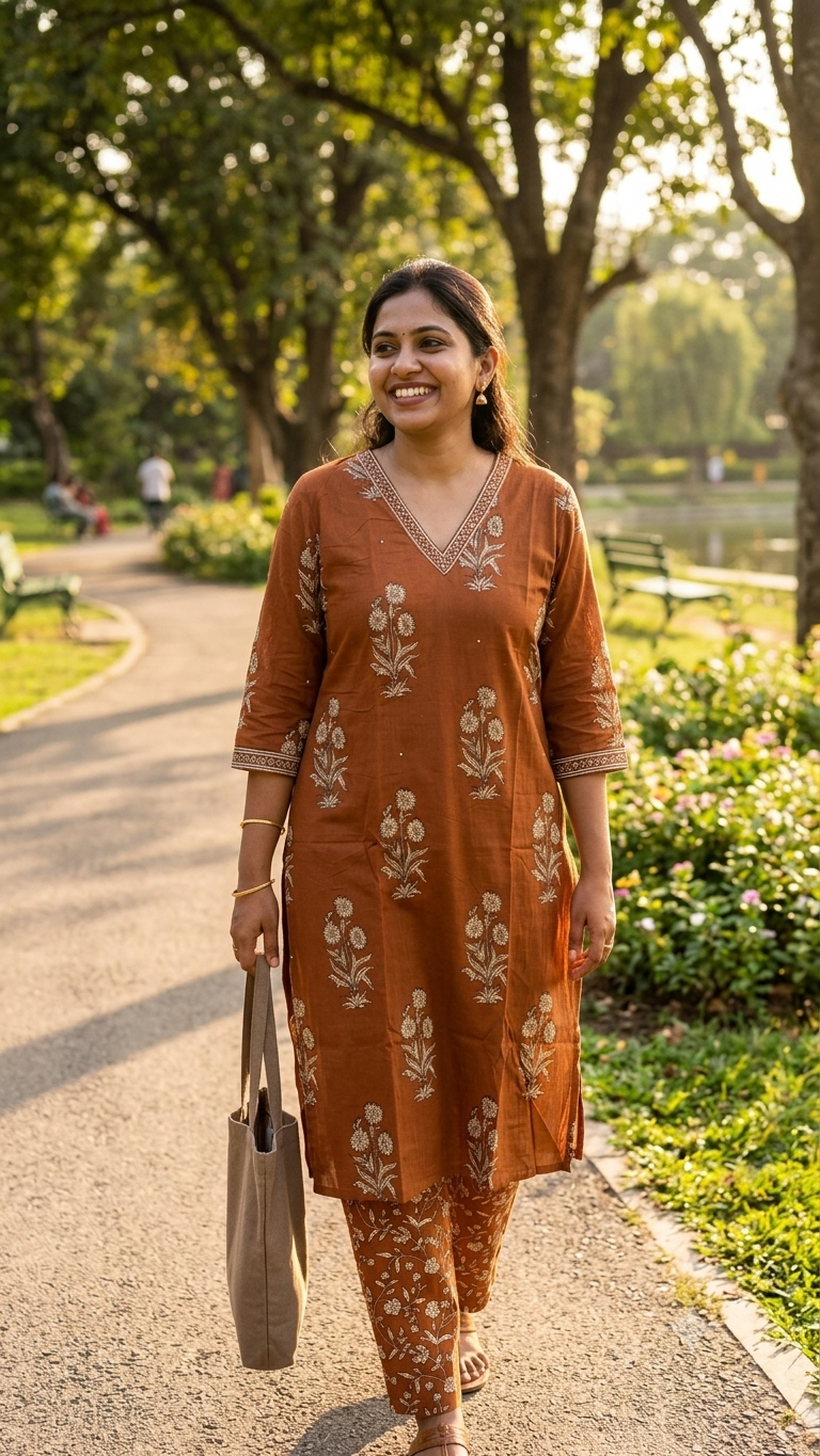 Rust Brown Cotton Floral Kurta Pant