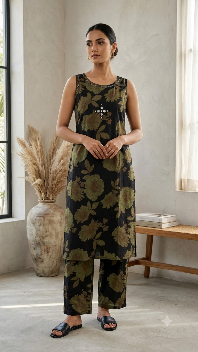 Midnight Bloom Sleeveless Kurta Pant