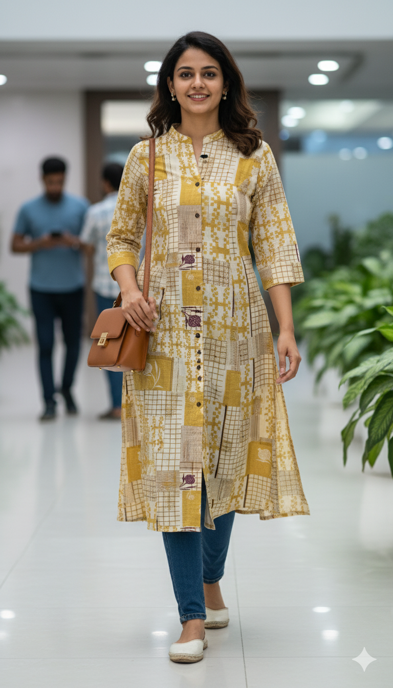 Yellow Abstract Cotton Flex Kurti