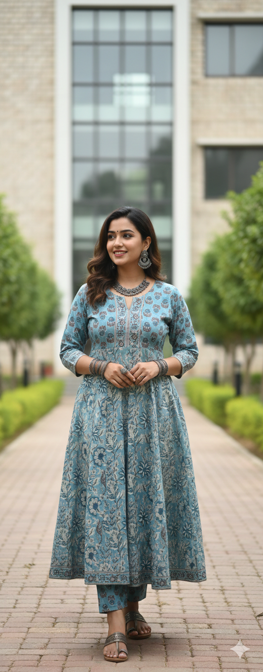 Serene Aqua Blossom Anarkali