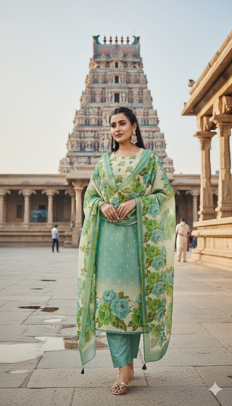 Teal Floral Shimmer Silk Salwar