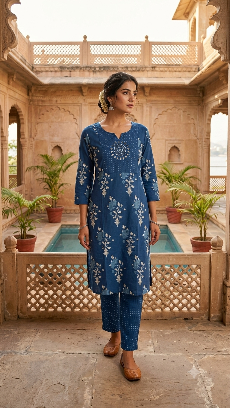 Navy Blue Floral Printed Kurta Pant