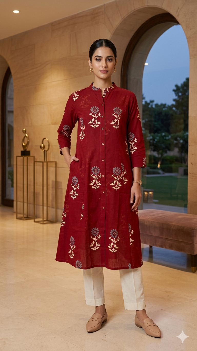 Crimson Floral Cotton A-Line Kurta