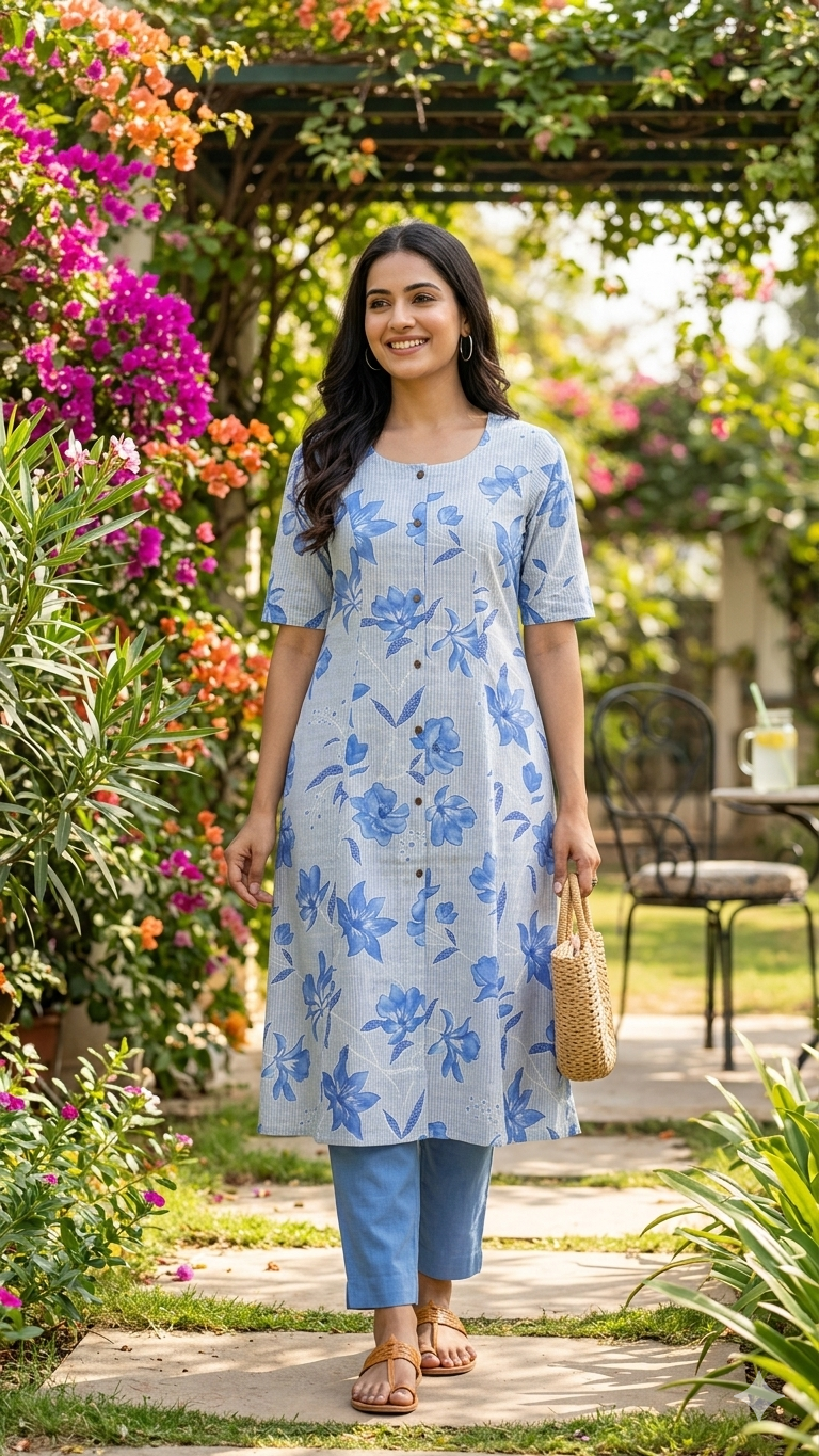 Blue Blossom Cotton A-Line Kurta