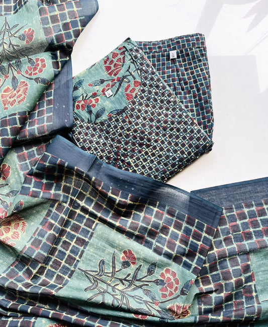 Teal Floral Block Print Cotton Salwar