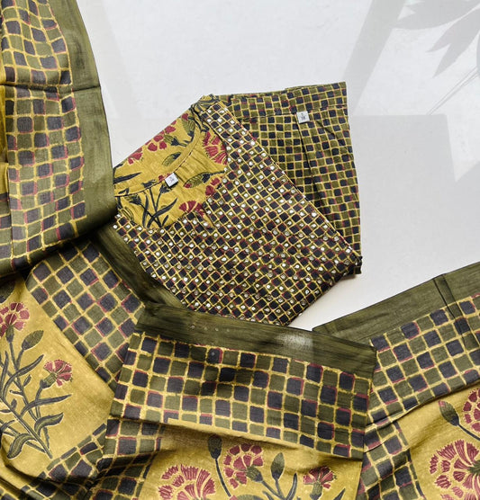 Olive Green Floral Cotton Suit