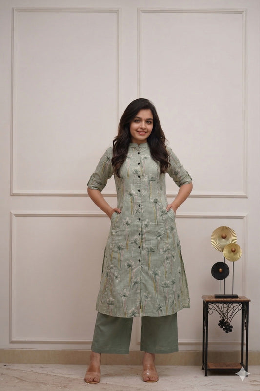 Sage Palm Cotton Kurta Pant Set