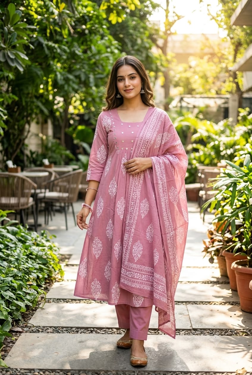 Dusty Rose Floral Print A-Line Cotton Salwar