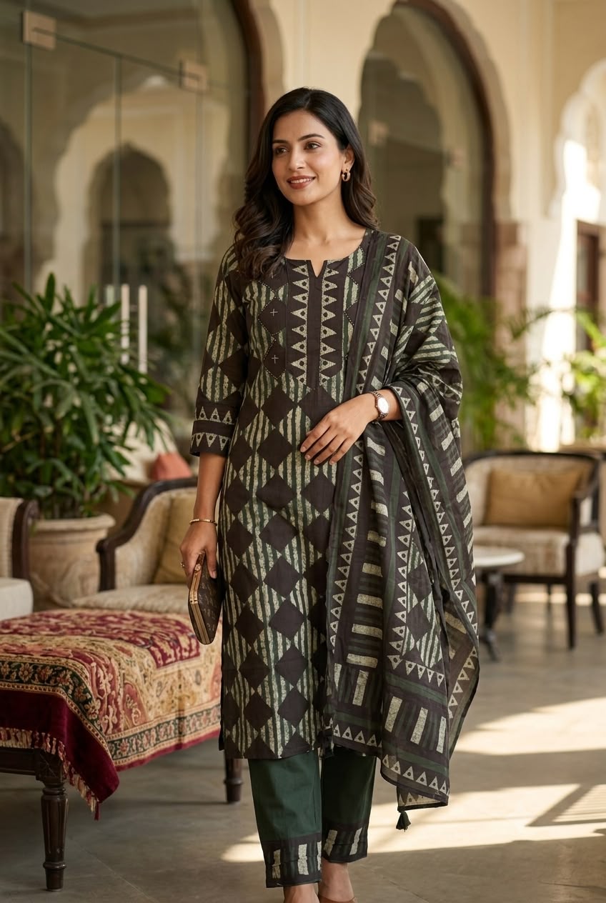 Olive Green & Charcoal Printed Cotton Salwar