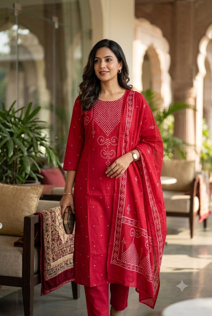 Ruby Red Bandhini Printed Cotton Salwar