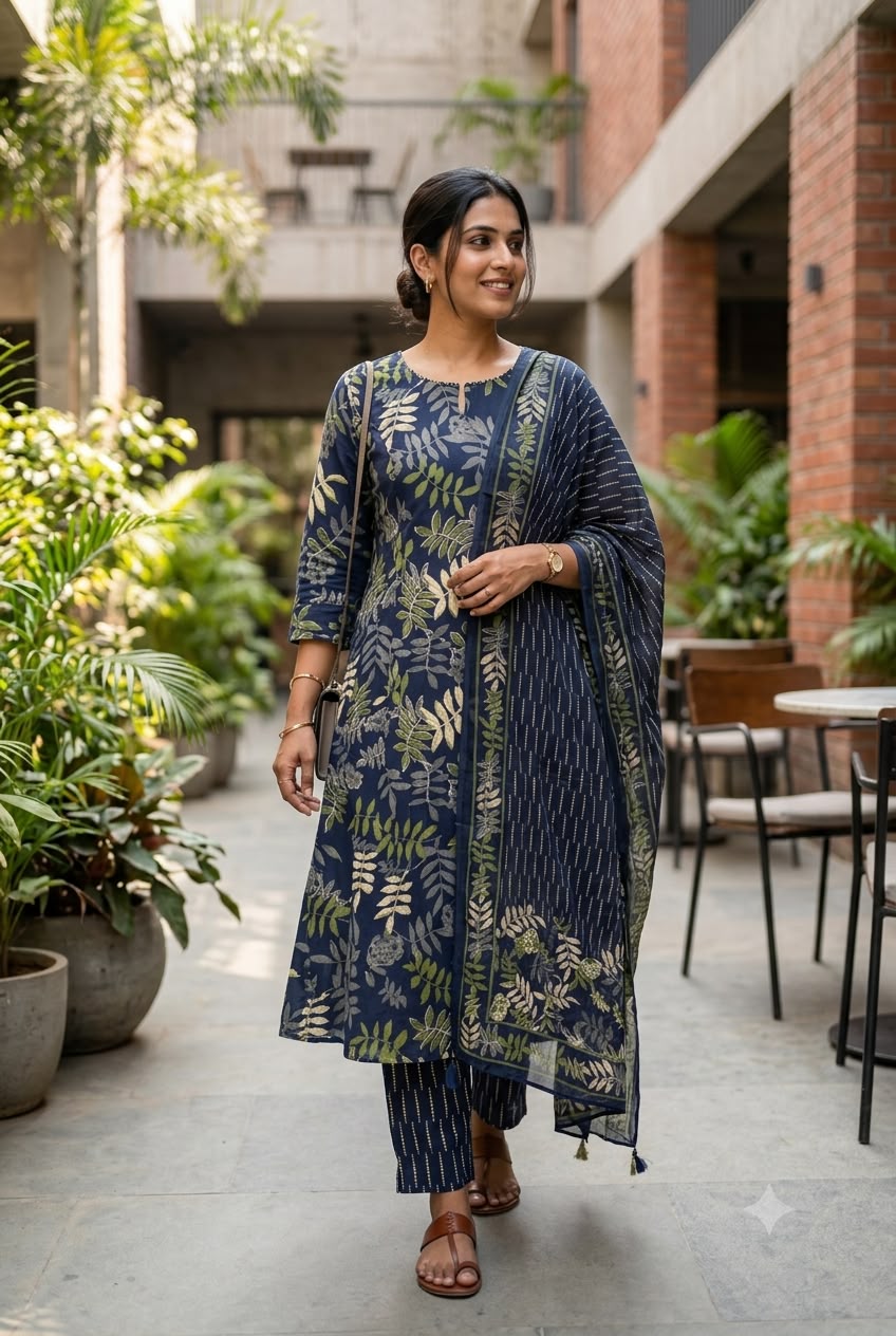 Midnight Foliage A-Line Cotton Salwar