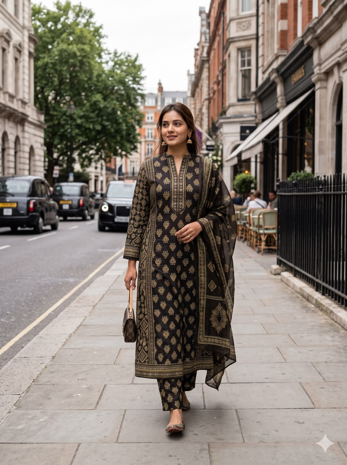 Chocolate Brown & Antique Gold Printed Aline Salwar
