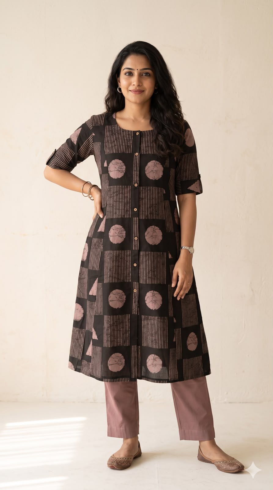 Blackberry Brown & Mauve Printed Handloom Cotton A-Line Kurta